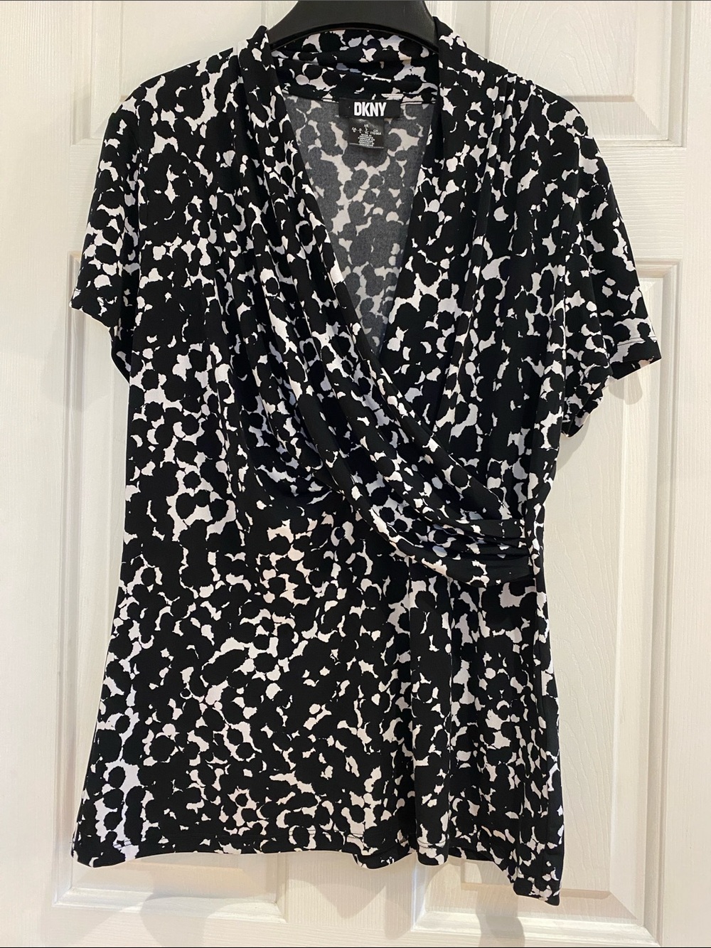 DKNY Black & White Abstract Wrap-Style Blouse